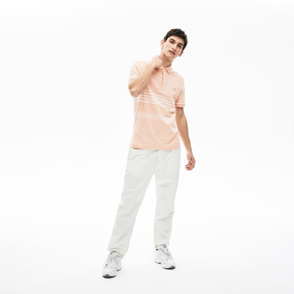 Lacoste Striped Linen And Cotton Regular Fit Polo Shirt - Šortky Pánské Světle Růžové / Bílé | CZ-Sw